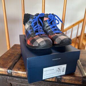 NEW - COLE HAAN ZeroGrand Blue Orange Grey Black Wool Plaid Hiking Boots - 8.5